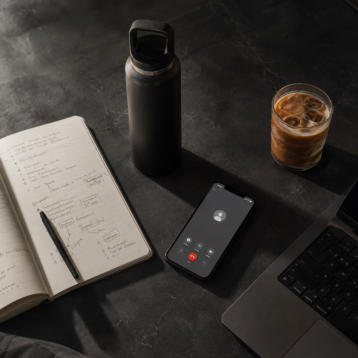 A phone on a desk showing an active call, beside a notebook of business notes