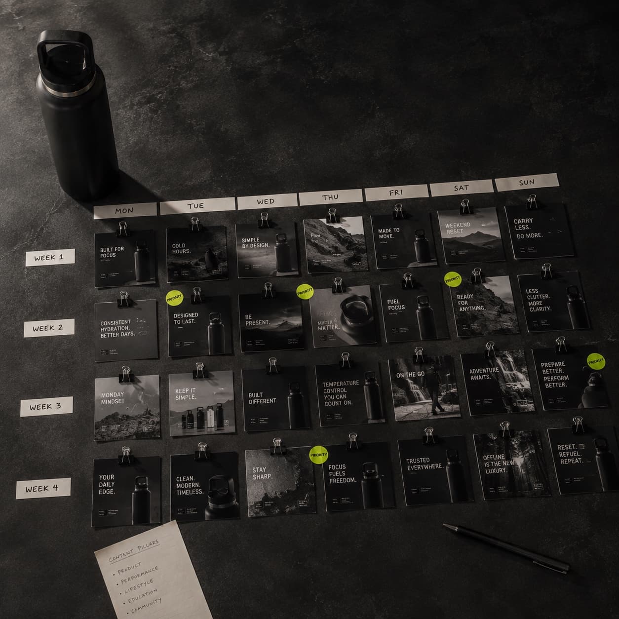 Four weeks of planned posts laid out in a calendar grid, some flagged as priorities