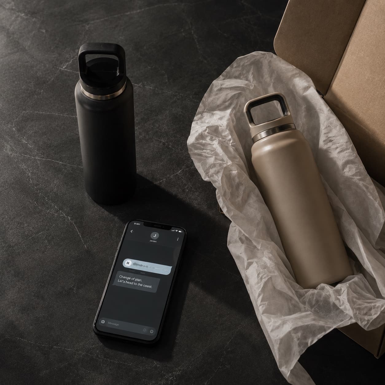 A voice note arriving on a phone as a new product colourway is unboxed